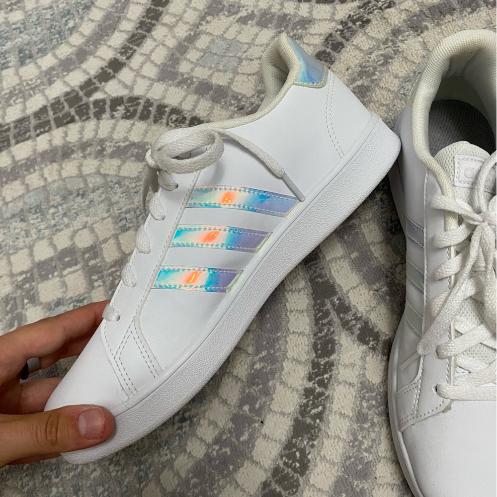 Adidas White and Silver Sneakers with Iridescent Stripes